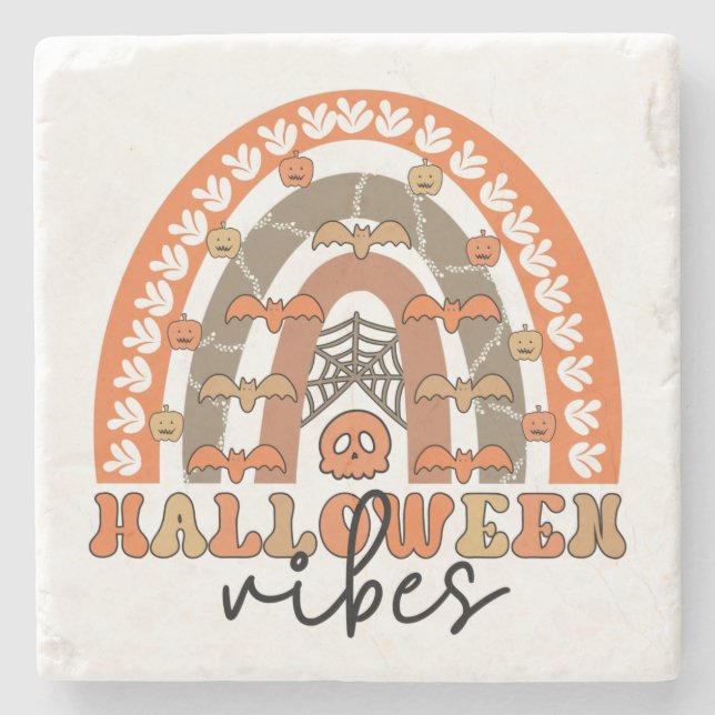 Halloween Vibes Boho Rainbow Fall Halloween Stone Coaster (Front)