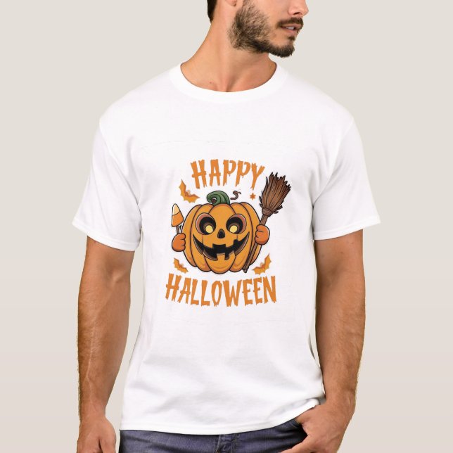 Halloween Vibes, Brooms, Candy Corn, and Pumpkin  T-Shirt (Front)
