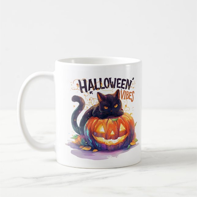 Halloween Vibes – Glowing Pumpkin Cat  Coffee Mug (Left)