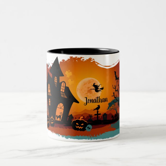 Halloween Vibes Scary Witch Pumpkins  Two-Tone Coffee Mug (Center)