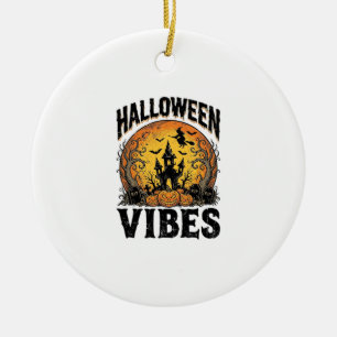 Halloween Vibes Vintage Haunted Moon Shirt Design_ Ceramic Tree Decoration