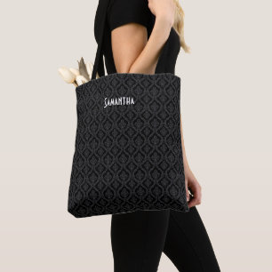Halloween Victorian Goth Black Brocade Damask Name Tote Bag