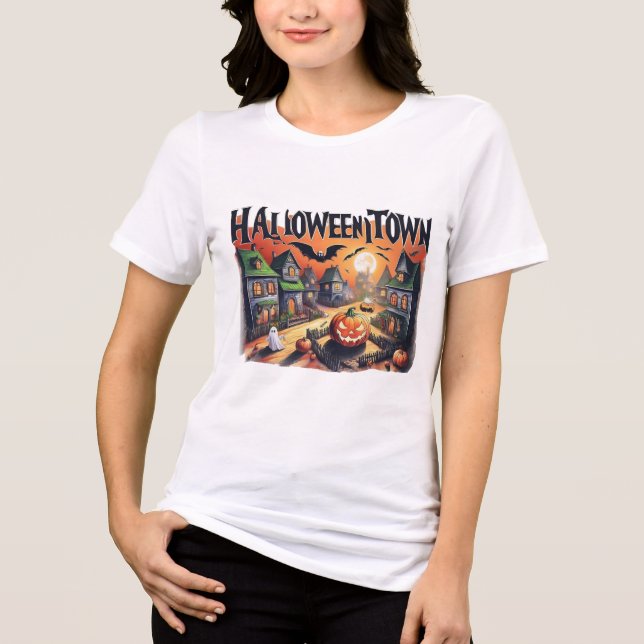 Halloween Village T-Shirt – Enchanting Spooky Scen Tri-Blend Shirt (Front)