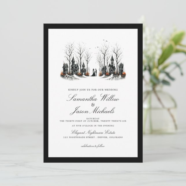 Halloween Village Wedding Invitation (Standing Front)