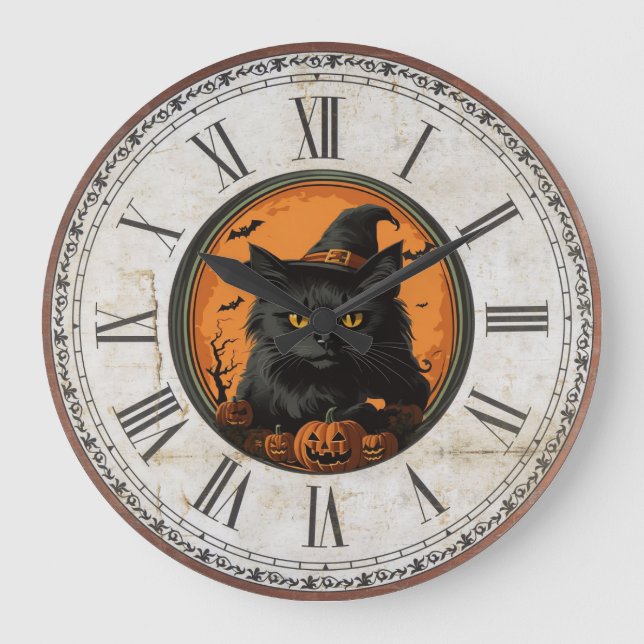 Halloween Vintage Black Cat  Large Clock (Front)
