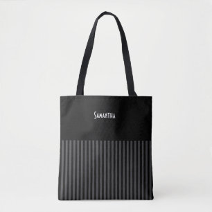 Halloween Vintage Black Grey Vertical Stripes Name Tote Bag
