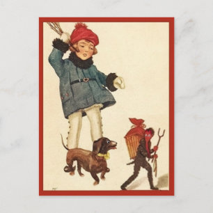 Halloween Vintage Girl and Dachshund Chase Devil Postcard