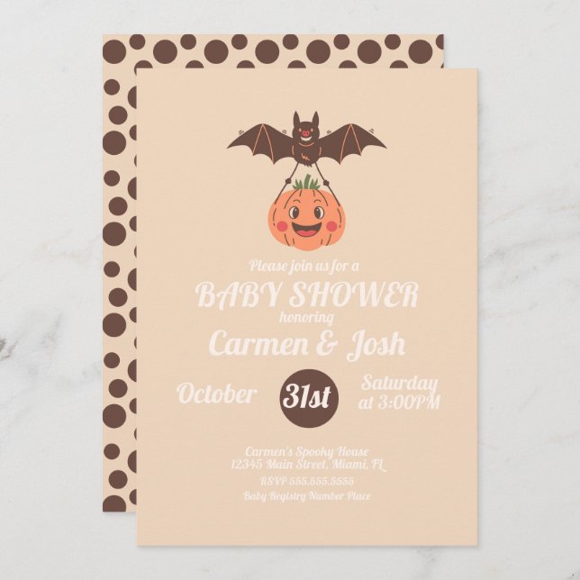 Halloween Vintage Pumpkin Bat Retro Baby Shower Invitation (Front/Back)