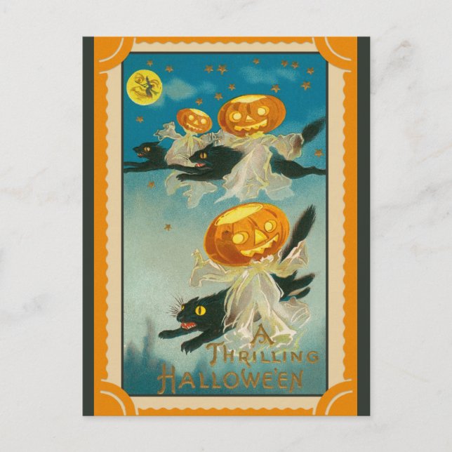 Halloween Vintage Pumpkin Black Cat Postcard (Front)