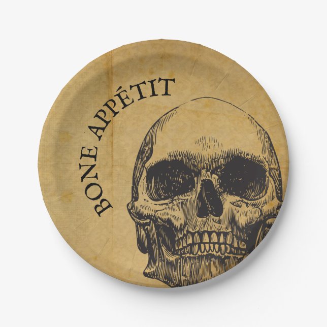 Halloween Vintage Skull | Bone Appetit Gothic Paper Plate (Front)