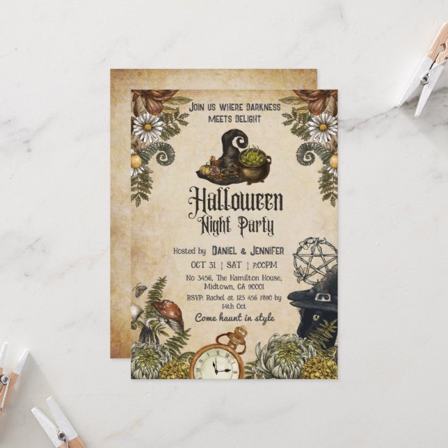 Halloween Vintage spooky witch hat cauldron Invitation (Front/Back In Situ)