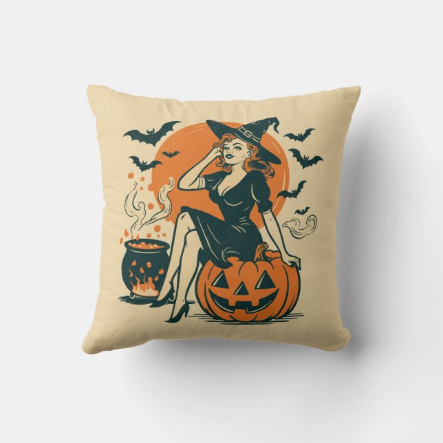 Halloween Vintage Witch on Pumpkin Bats Cauldron   Cushion (Back)