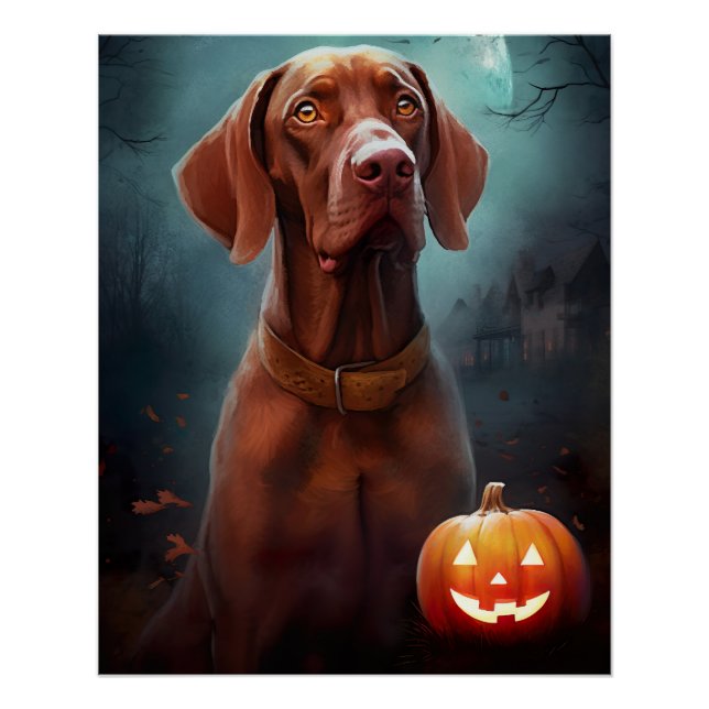 Halloween Vizsla With Pumpkins Scary Poster (Front)