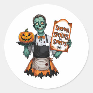 Halloween Waiter Serving Spooks and Spirits Classic Round Sticker