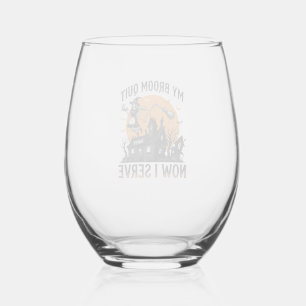Halloween Waitress Shirt Broom Broke Humor_1 Stemless Wine Glass