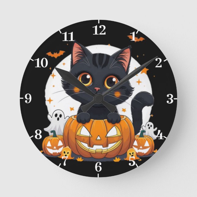 Halloween Wall Clock with cute cat (Front)