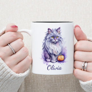 Halloween watercolor angora cat with pumpkin Two-Tone coffee mug