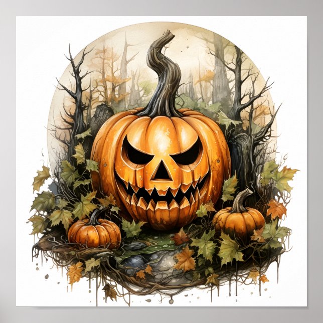 Halloween Watercolor Creepy Pumpkin In Forest Poster (Front)