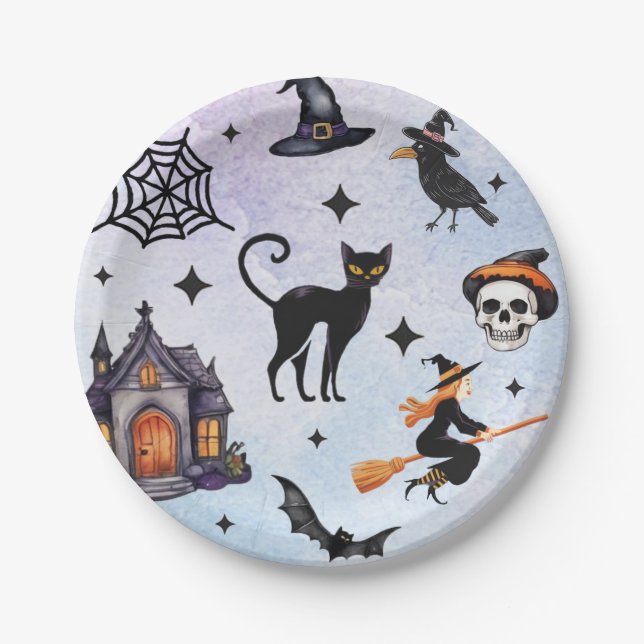 Halloween Watercolor Crow Witch Cat Skull Pattern  Paper Plate (Front)