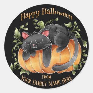 Halloween - Watercolor Cute Kitten and Pumpkin Classic Round Sticker