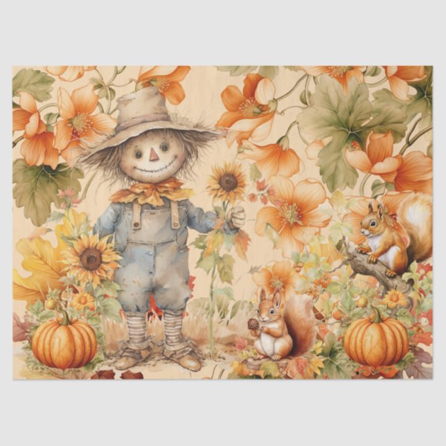 Halloween Watercolor Foliage & Scarecrow Decoupage Tissue Paper (Front)