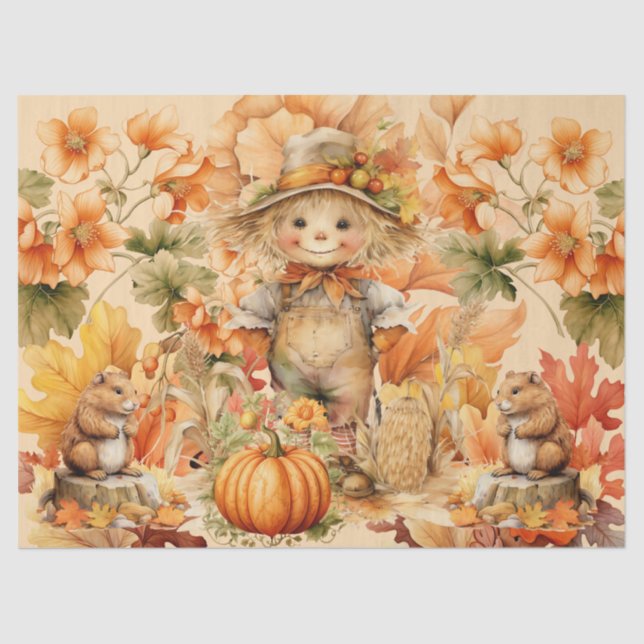 Halloween Watercolor Foliage & Scarecrow Decoupage Tissue Paper (Front)