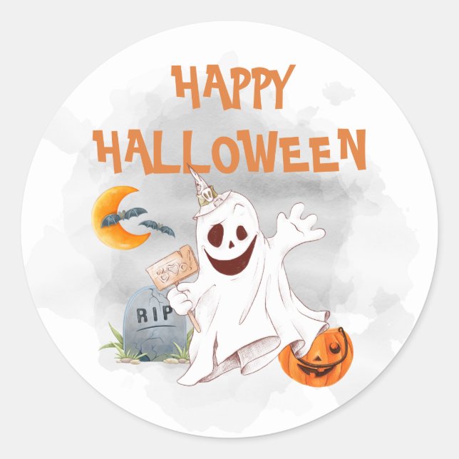 Halloween Watercolor Ghost   Classic Round Sticker (Front)