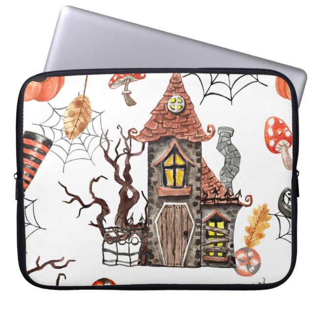 Halloween Watercolor: Haunted House Pattern. Laptop Sleeve (Front)