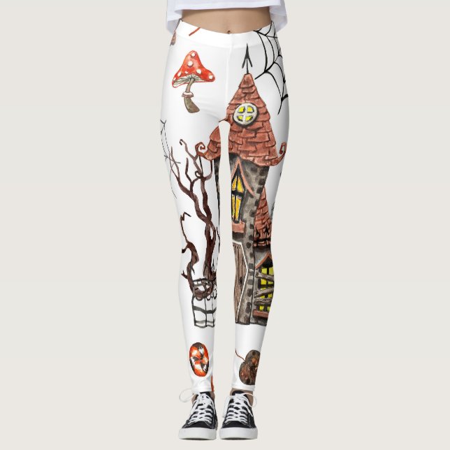 Halloween Watercolor: Haunted House Pattern. Leggings (Front)