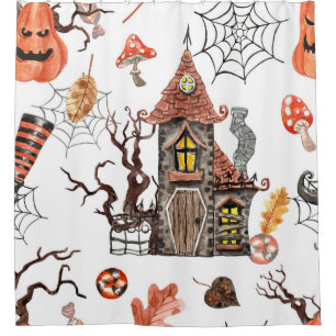 Halloween Watercolor: Haunted House Pattern. Shower Curtain