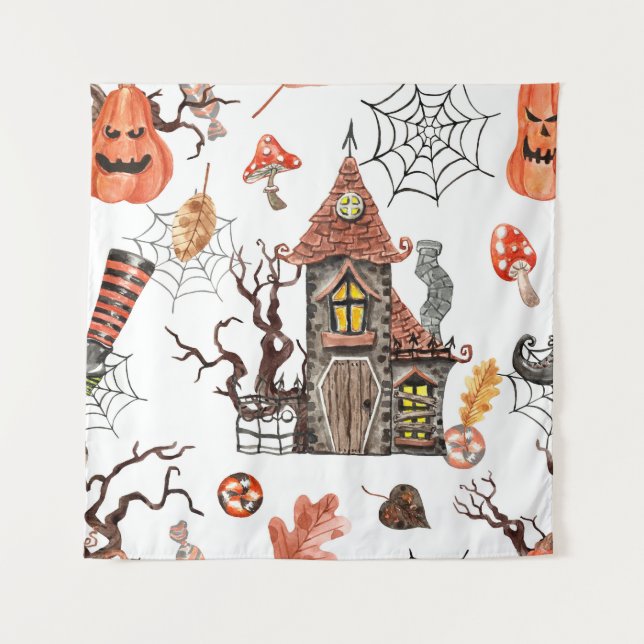 Halloween Watercolor: Haunted House Pattern. Tapestry (Front)