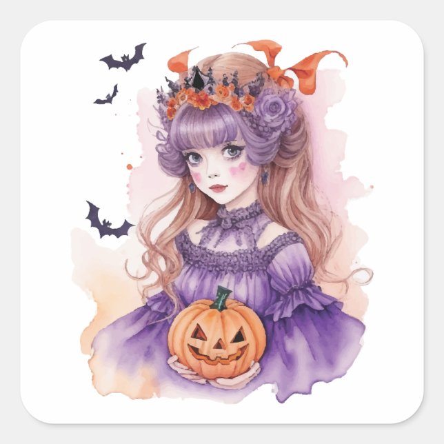 Halloween Watercolor Princess  Square Sticker (Front)