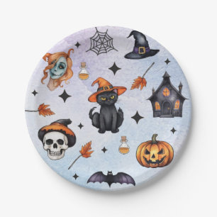 Halloween Watercolor Pumpkin Cat Skull Pattern    Paper Plate