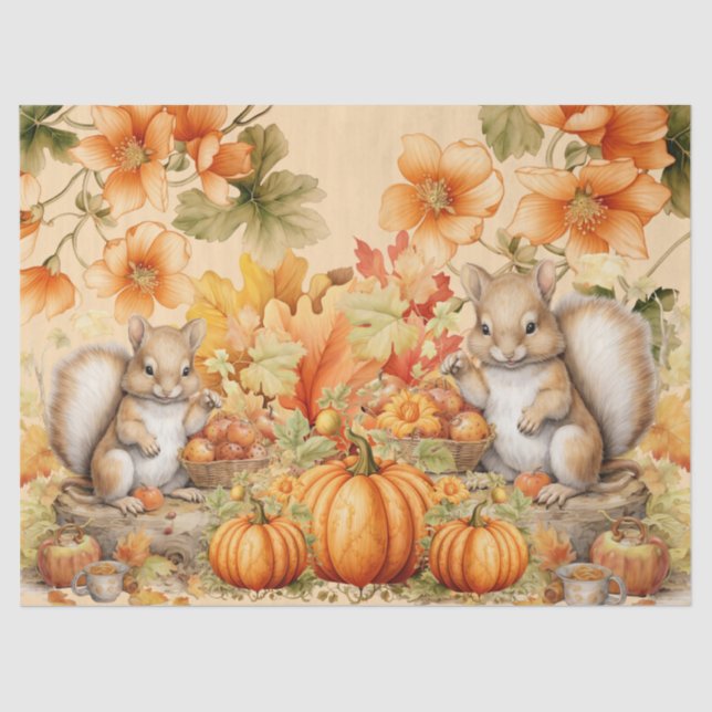 Halloween Watercolor Squirrels Pumpkins Decoupage Tissue Paper (Front)