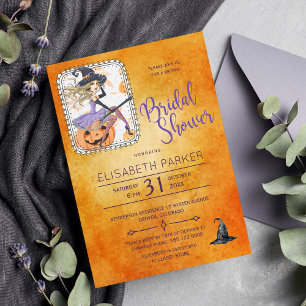 Halloween watercolor witch bridal shower party invitation