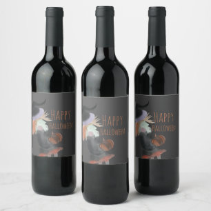 Halloween Watercolor Witch Pumpkin Wine Label