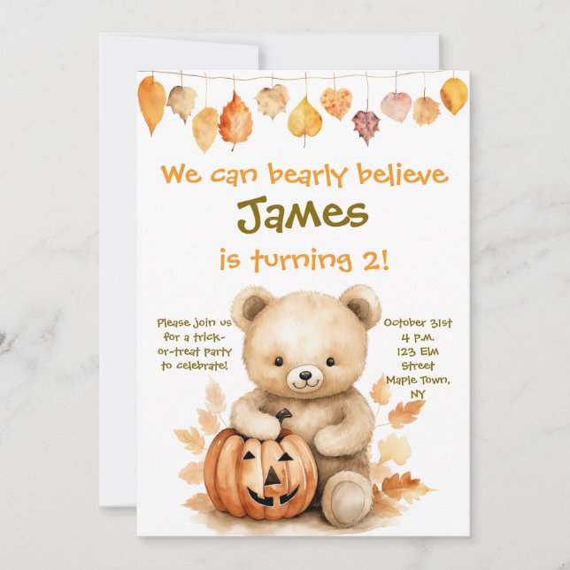 Halloween "We Can Bearly Believe He's Two" invite (Front)