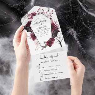 Halloween Wedding Autumn Fall Dark Burgundy Black  All In One Invitation