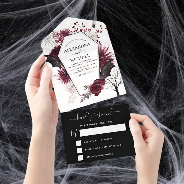 Halloween Wedding Autumn Fall Dark Burgundy Black  All In One Invitation (Creator Uploaded)