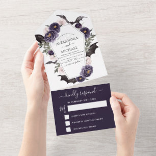 Halloween Wedding Autumn Fall Dark Purple RSVP All In One Invitation
