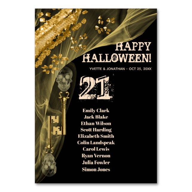 Halloween Wedding Black & Gold Skeleton Keys Table Number (Front)