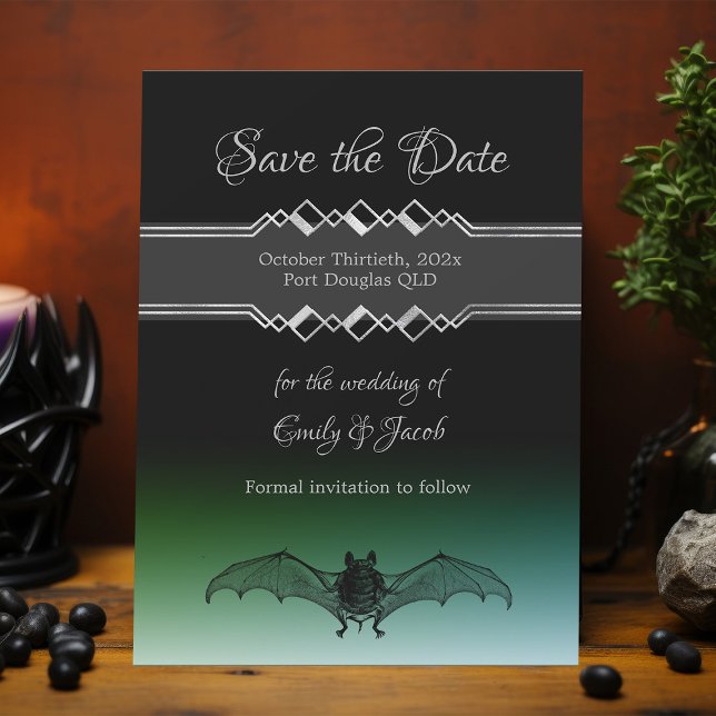 Halloween Wedding Black & Green Gothic Bat October Save The Date (Halloween wedding save the date black and green gothic bat cards)