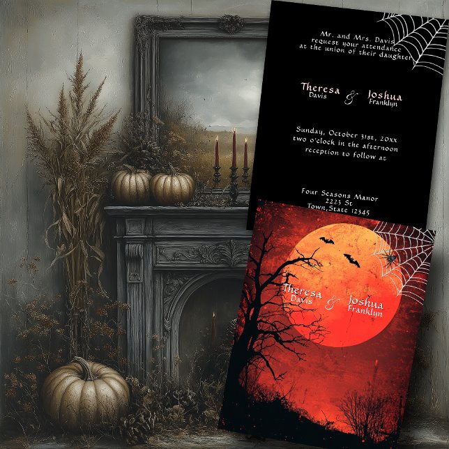 Halloween Wedding Black Spider Bats Full Moon Invitation (Creator Uploaded)