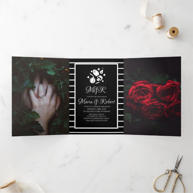 Halloween Wedding Gothic Stripes Skull Tri-Fold Invitation (Inside)