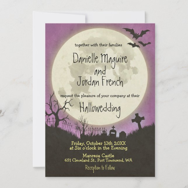 Halloween wedding invitation in purple with moon (Front)