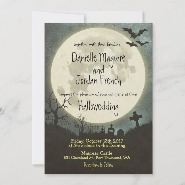 Halloween wedding invitation with moon, cemetery (Front)