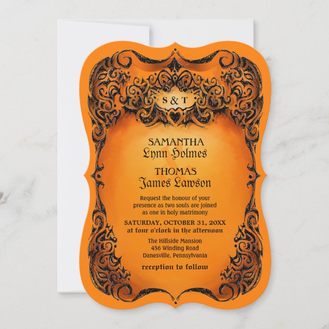 Halloween Wedding Invite - Orange - Black Border (Front)
