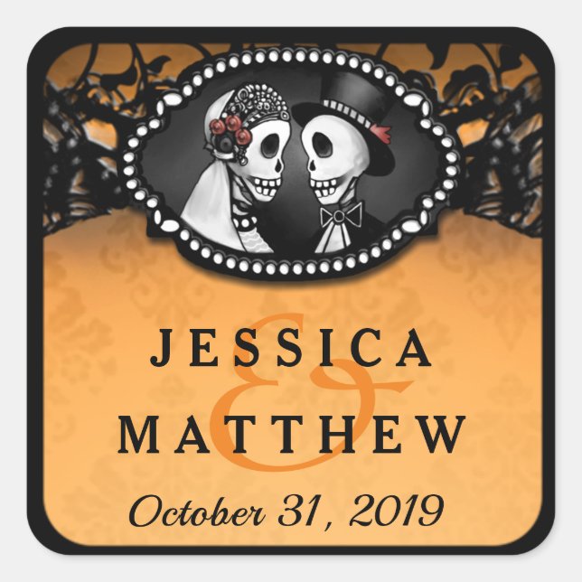 Halloween Wedding Orange Black Skeletons Names Square Sticker (Front)