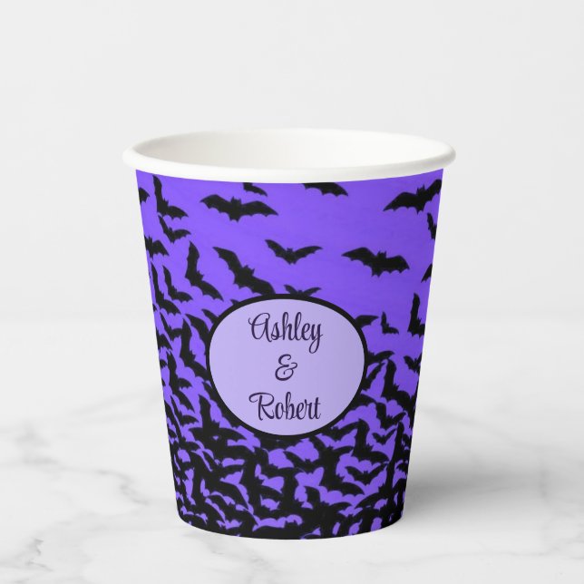 Halloween Wedding Personalise Names Fly Away Bats  Paper Cups (Front)