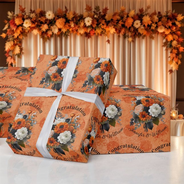 Halloween Wedding Personalise Names Pumpkin Mums Wrapping Paper (Creator Uploaded)